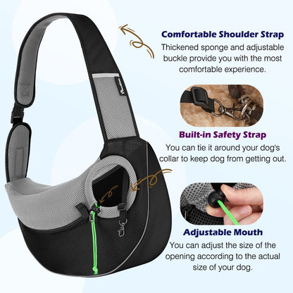 Pawaboo Pet Dog Sling Carrier, Hand Free Drawstring Dog Papoose with Adjustable Strap, Breathable Mesh Bag for Puppy Cat, Crossbody Satchel Dog Purse with Pocket for Outdoor Travel, Black, Small