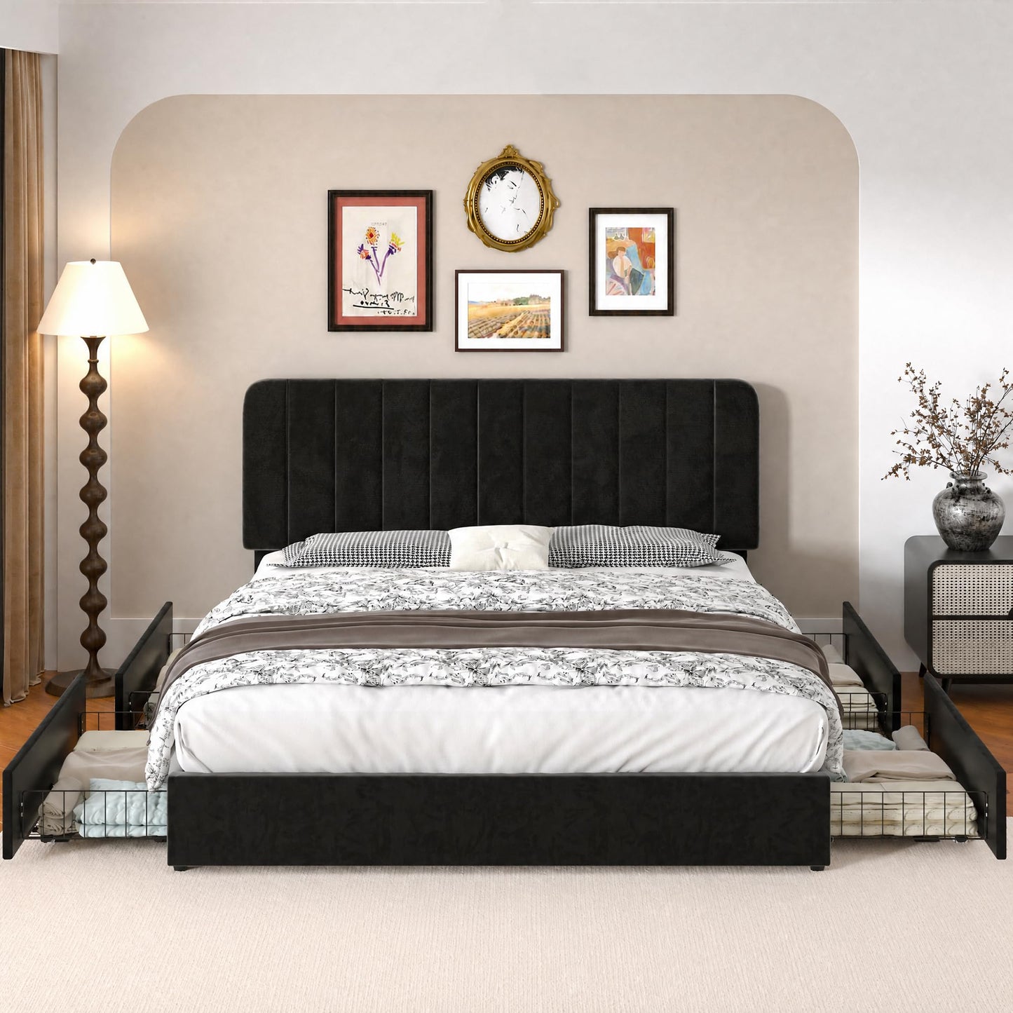 VECELO Queen Size Upholstered Bed Frame with 4 Drawers and Headboard, Velvet Platform Storage Bedframe, Wooden Slats Support, No Box Spring Needed,Black