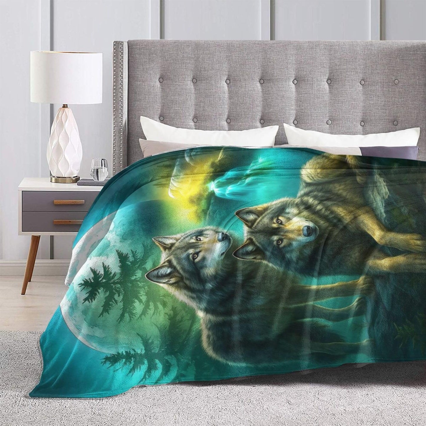 Wolf Blanket Blue-Green Wolf Fleece Throw Blanket Super Soft Fuzzy Plush Cozy Warm Wolves Decor Stuffed Bedding Blankets Gift for Boys Girls Men Women Kids & Adult 50"X40"