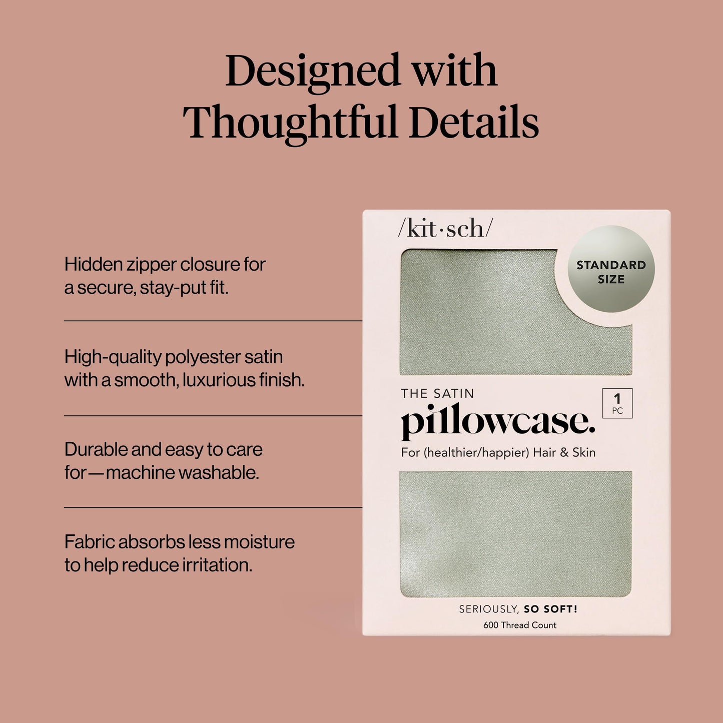 Kitsch Satin Pillowcase with Zipper for Hair & Skin - Softer Than Silk Pillow Cases, Smooth Cooling Satin Pillow Case, Wrinkle-Free, Machine Washable - Pillow Cases Standard Size (19x26) - Sage