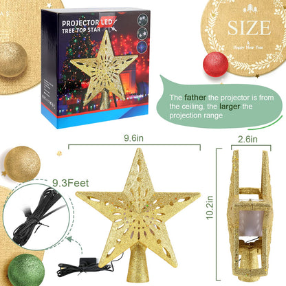 Christmas Tree Topper Star Lighted with Rotating Snowflake LED Projector, Gold Star 3D Glittered Christmas Xmas Tree Decorations Projector Angle Adjustable