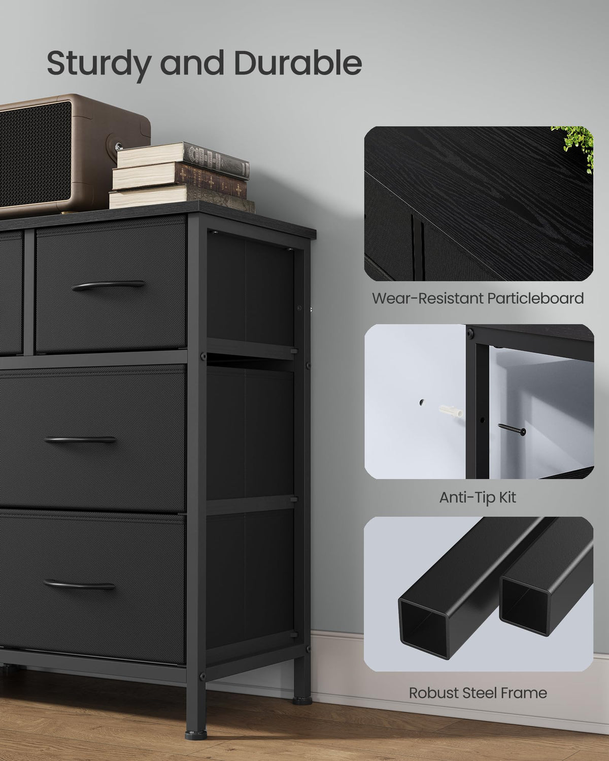 SONGMICS BELLAH Collection - Dresser for Bedroom, Chest of Drawers, TV Stand for TVs Up to 55 Inches, Living Room, Closet, 10 Drawers, Modern, Ink Black ULGS333BH02S