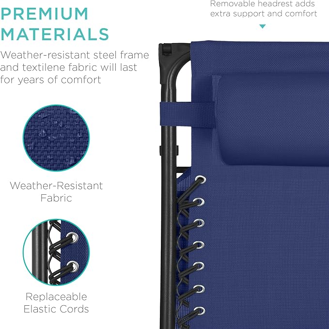 Best Choice Products 30” Wide Folding Zero Gravity Outdoor Recliner Patio Lounge Chair w/Adjustable Canopy Shade, Headrest, Side Accessory Tray - Navy Blue