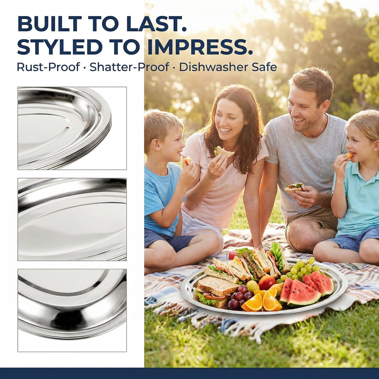 Suwimut 6 Pack Stainless Steel Oval Platter, Heavy Duty Mirror Polish Large Sizzling Platter Serving Tray Fish Plate for Steaming Fish Dessert Meat Sushi, 14-Inch by 8.7-Inch, Silver