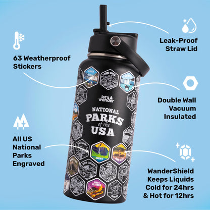 LET'S WANDER National Parks Water Bottle 2.0 Ultimate Bundle | Includes Straw Lid, Chug Lid and 2 Sets of 63 Waterproof Stickers | 32oz Leakproof Insulated Stainless Steel Gift Pack (Black)