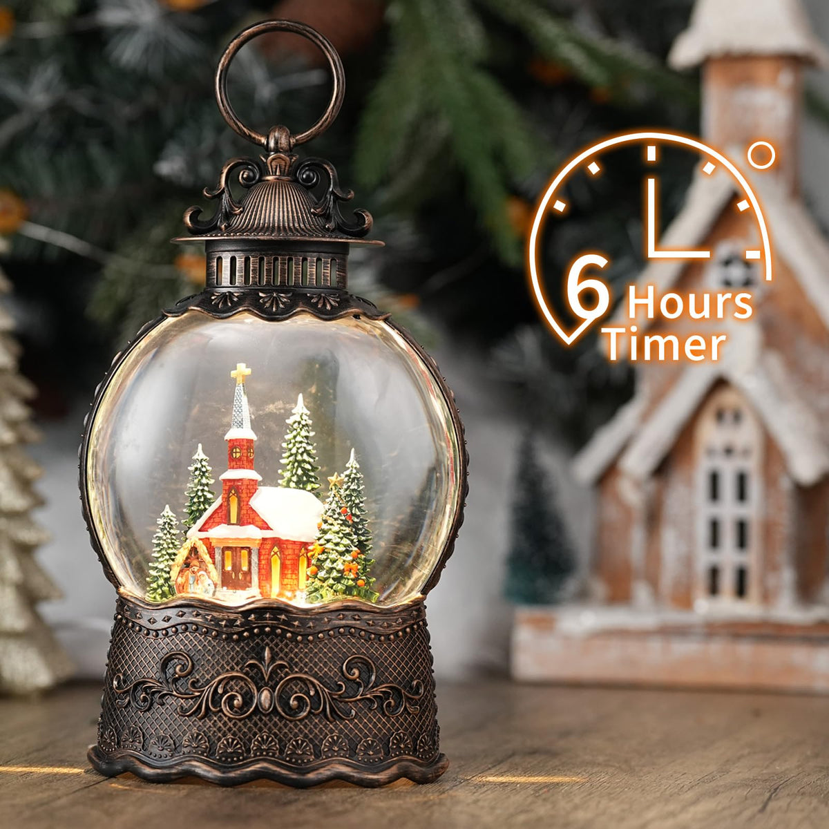 Snow Globe with Church, Light Up Christmas Snow Globes with Music Timer - USB Plug or Battery Operated Glitter Globe Indoor Christmas Decorations