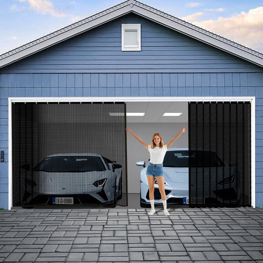 Sliding Garage Door Screen 2 Car with Track Closure,16x7Ft Garage Door Retractable Privacy Curtain Keep Annoying Animals Out Easy Install Heavy Duty Fiberglass Mesh for Opening Garage Aluminum Rail B1