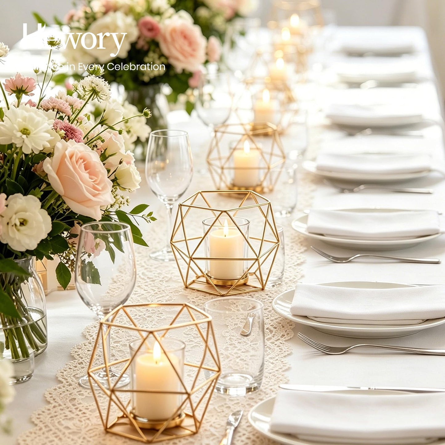 Hewory Geometric Tealight Candle Holders Gold, Modern Metal Geo Wedding Centerpieces for Table, Votive Candle Stand Accent for Tea Light for Home Shelf Mantel Christmas Birthday Party Decor, 12pcs