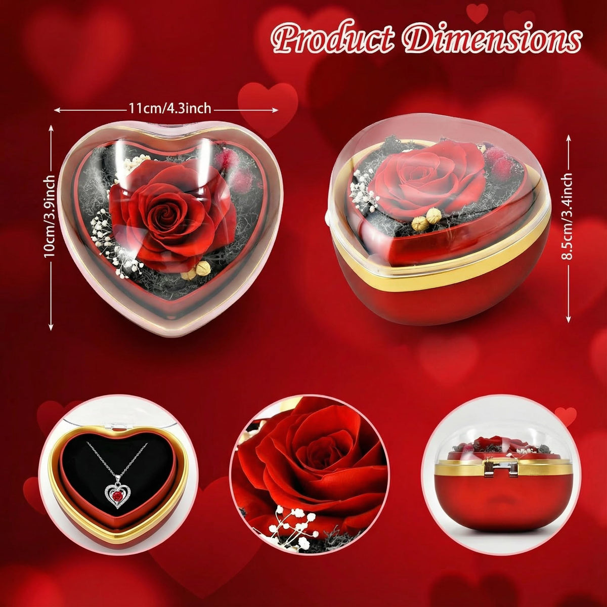 Eternal Real Rose Dainty Love Pendant , Preserved Red Rose Gift Box with Heart Necklace, Gifts for Women, Mom, Wife, Gifts Idea on Valentine's Day, Mother's Day, Birthday, Anniversary, Thanksgiving
