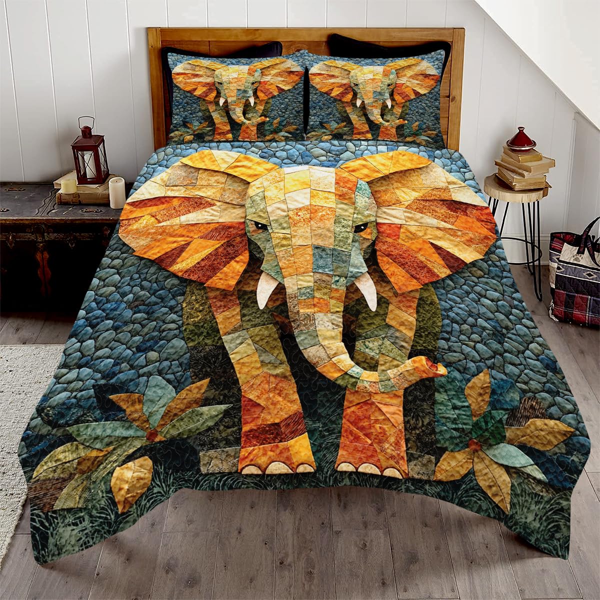LUSHIS Patchwork Quilt Set, Patchwork Throw Bedspread Bed Sets - Animals Coverlet Sets All Season Soft Microfiber Lightweight Bedding Set (Elephant)