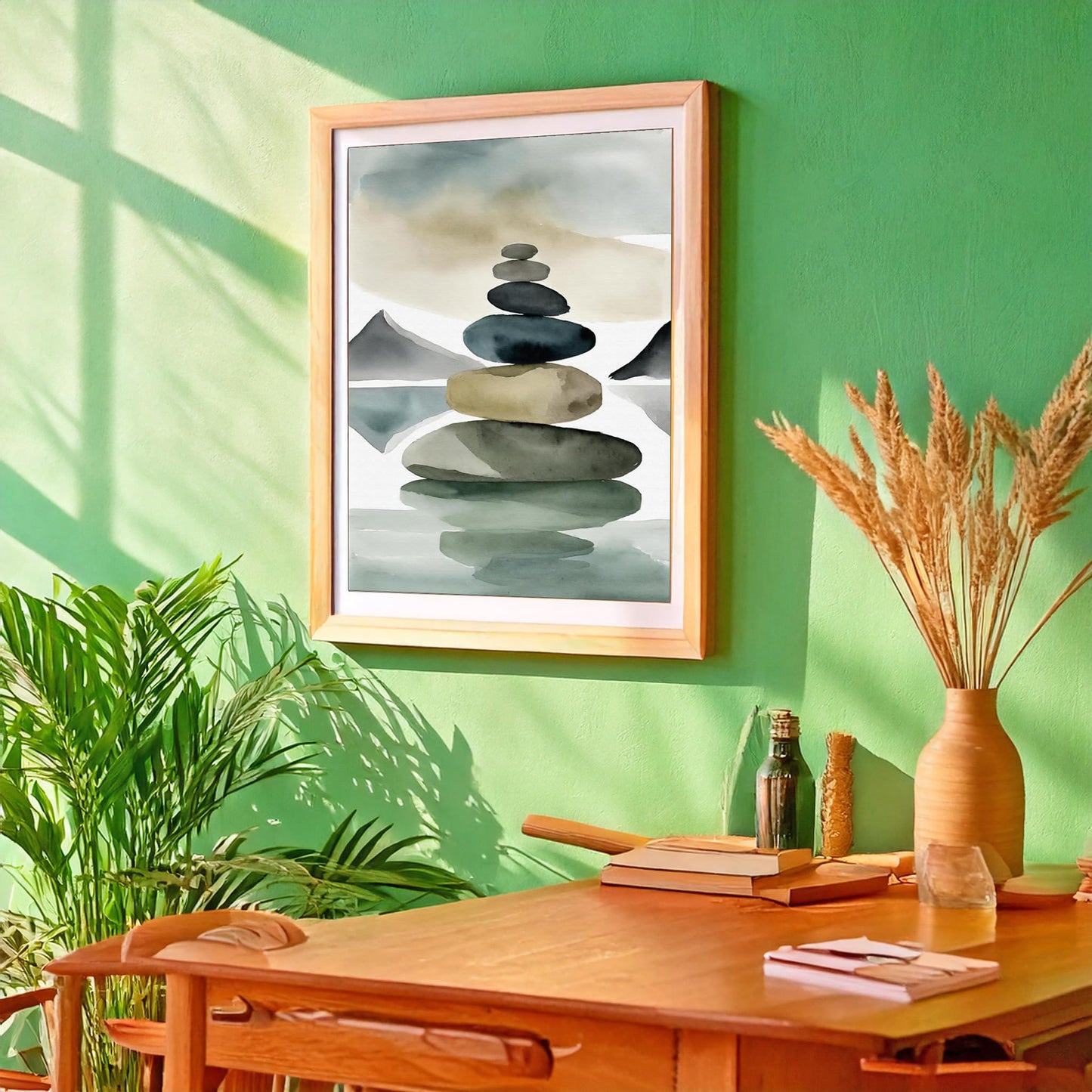 Watercolor Balancing Stones Stacked Illustration Art Print for Yoga Studio Serenity Display, Mint Green Meditation Room Harmony Accent, Beach House Home Office Bedroom Living Area Nursery Dorm Wall Art, Young Yogi Meditator Wellness Enthusiast Teacher Gif