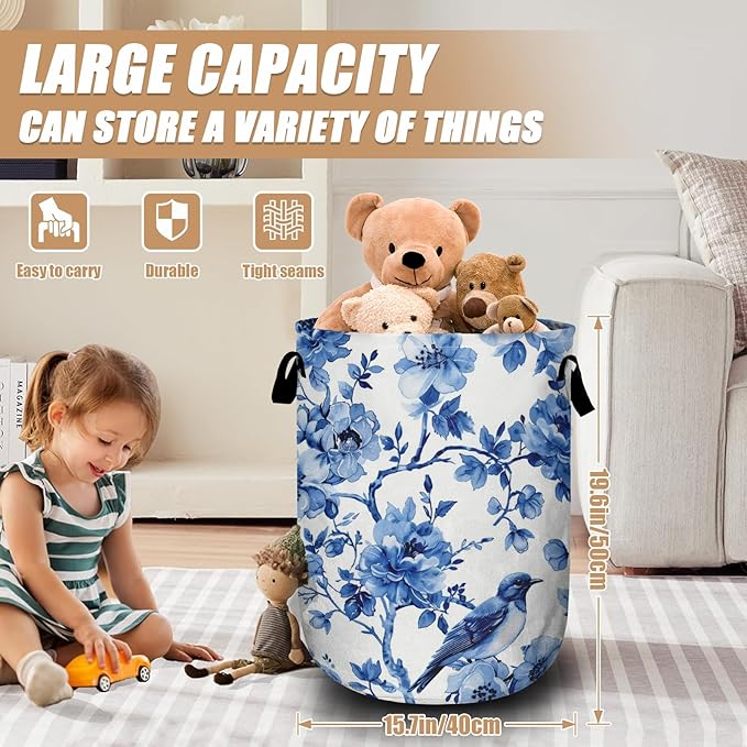 Blue Flower Bird Laundry Basket, Foldable Waterproof Laundry Hamper Tote Bag