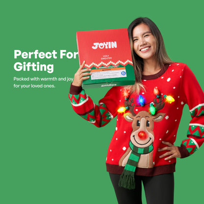 JOYIN Womens LED Light Up Christmas Sweater, Reindeer Christmas Ugly Sweater with Light Bulbs-Red