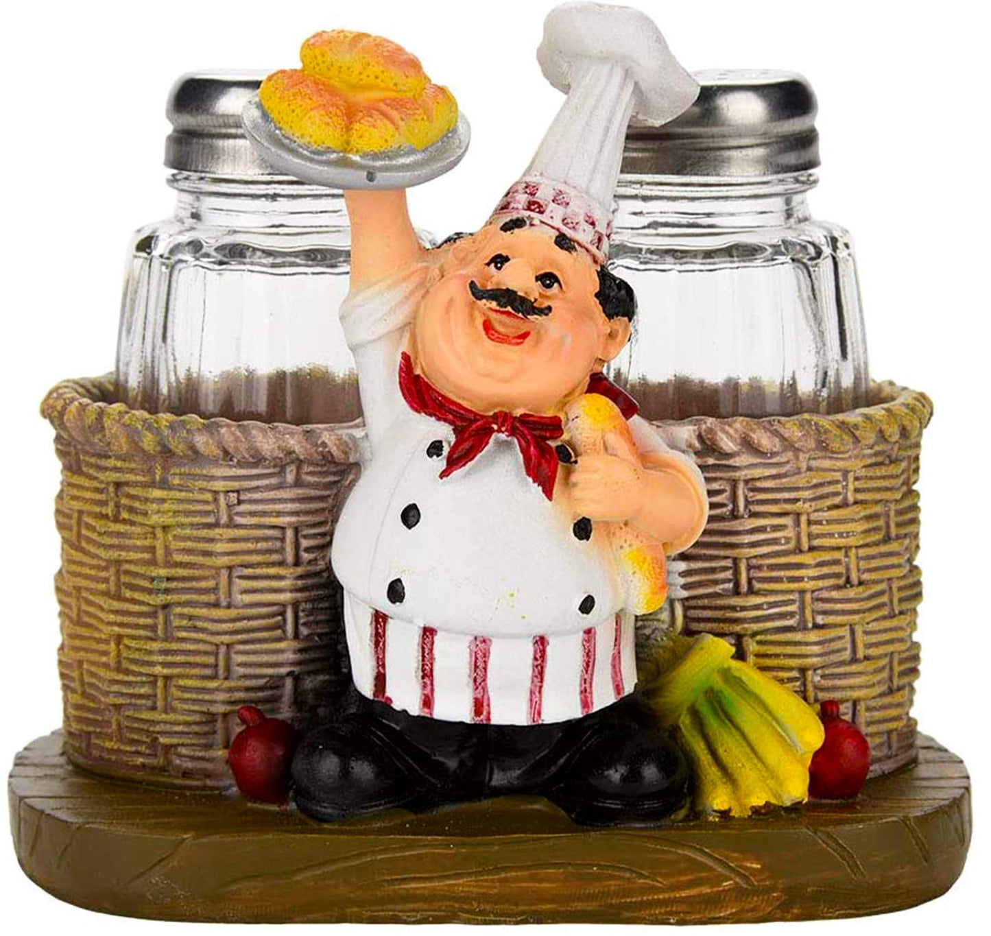 Salt and Pepper Shakers Set,Sitting Chef Decorative Statue Spice Organizer,Glass Spice Jars with Holder Figurine Gift for Family,Kitchen,Restaurant, Cafe,Bakery (Bread)