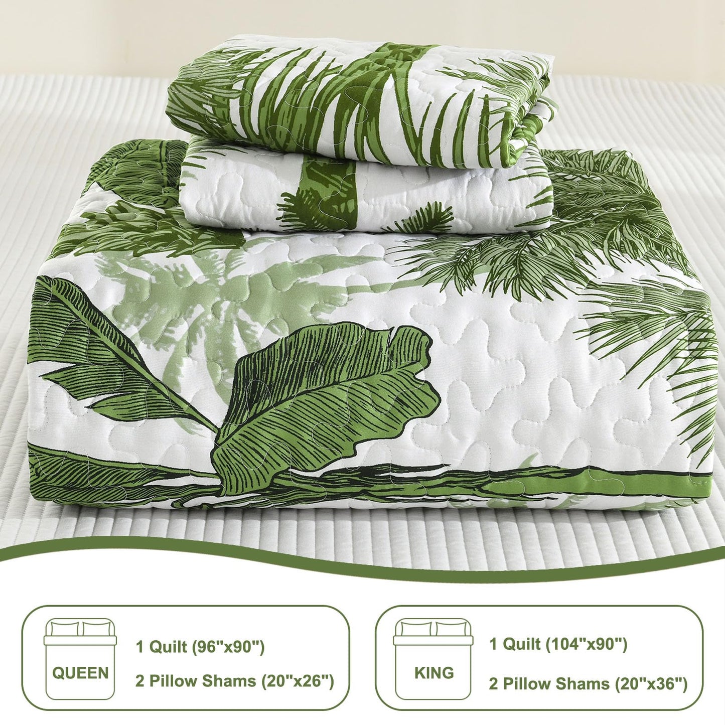 Luxudecor Tropical Plants Quilt Set Queen Size 3 Pieces Green Palm Botanical Bedspread Rainforest Style Bedding Set Soft Lightweight Bed Cover for All Season 96"x90"