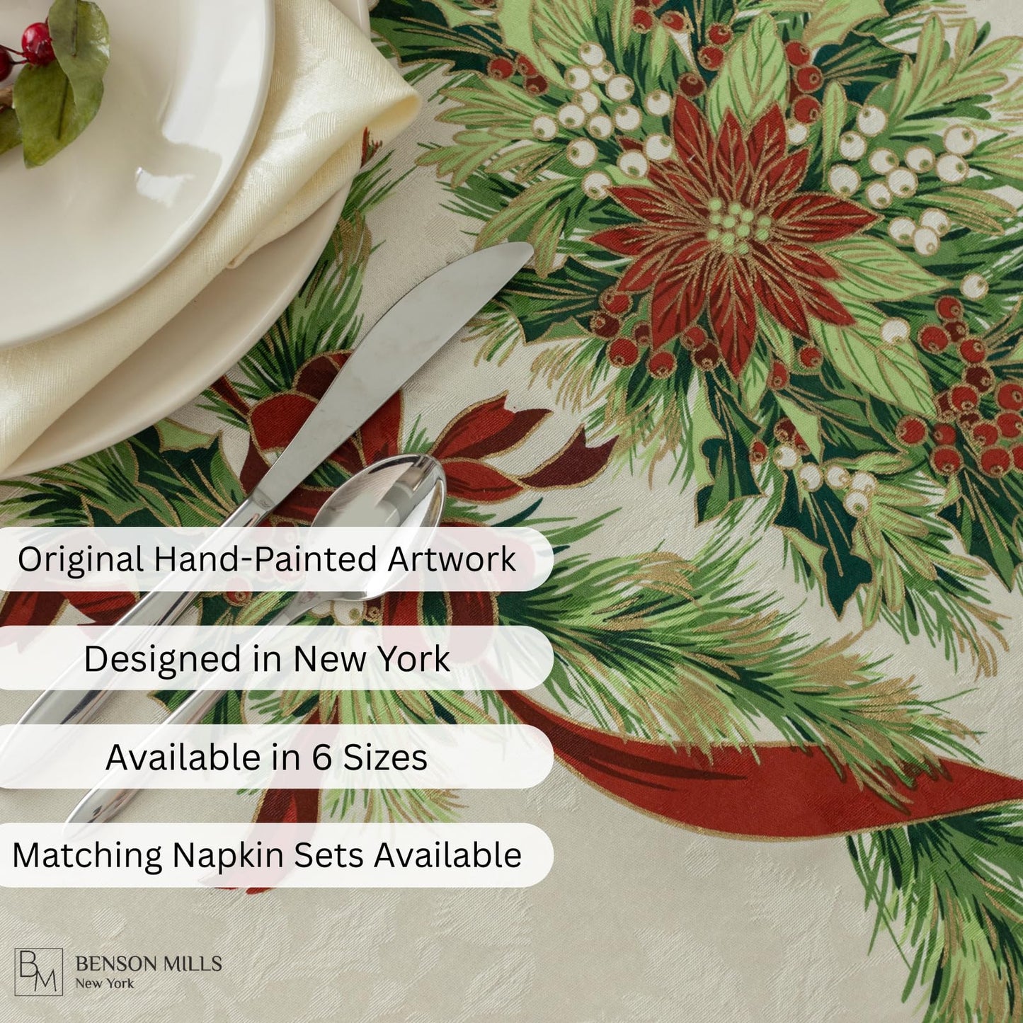 Benson Mills Christmas Ribbons Engineered Printed Fabric Table Cloth, Winter, Holiday and Christmas Tablecloth (70" Round, Xmas Ribbons)