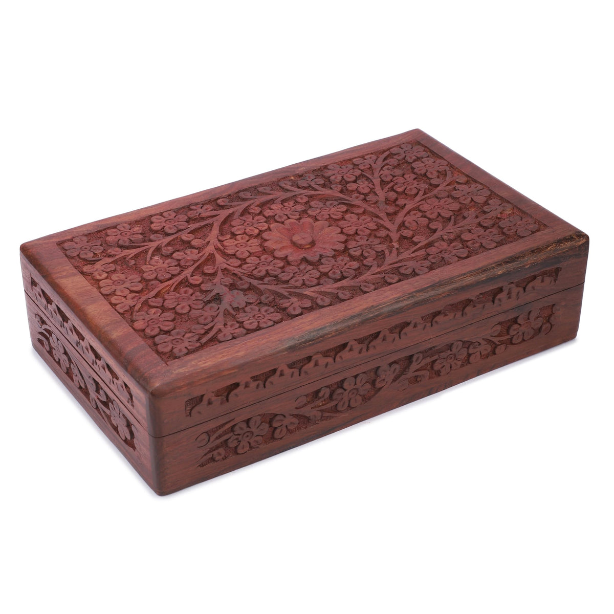 Ajuny Wooden Handcarved Decorative Jewelry Storage Box Flower Design Multipurpose Treasure Chest Keepsake Organizer Necklaces Watch Boxes Great for Gifts 8x5 Inch