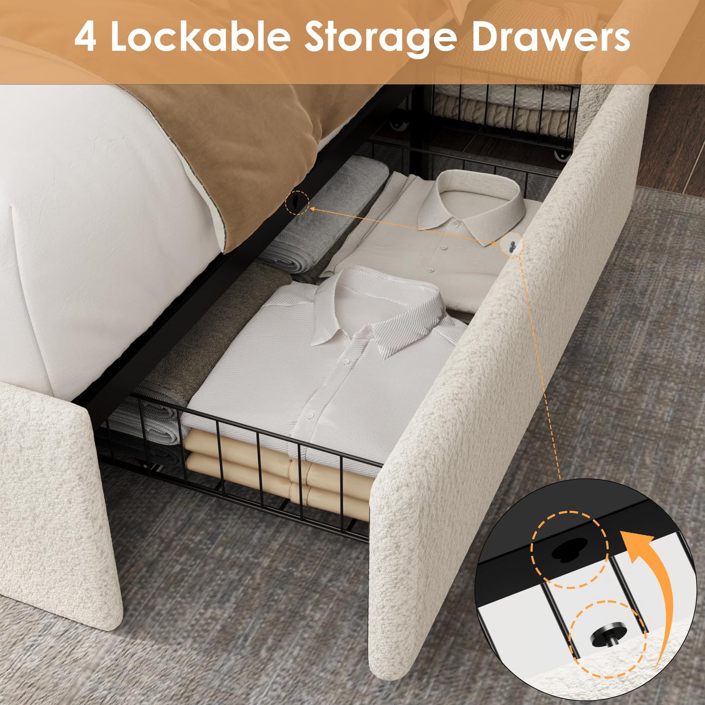 GarveeHome Boucle Queen Size Bed Frame, Cloud Cream Platform Bed Frame with 4 Storage Drawer and Upholstered Headboard, Soft Boucle Fabric, No Box Spring Required, Easy Assembly, Cream