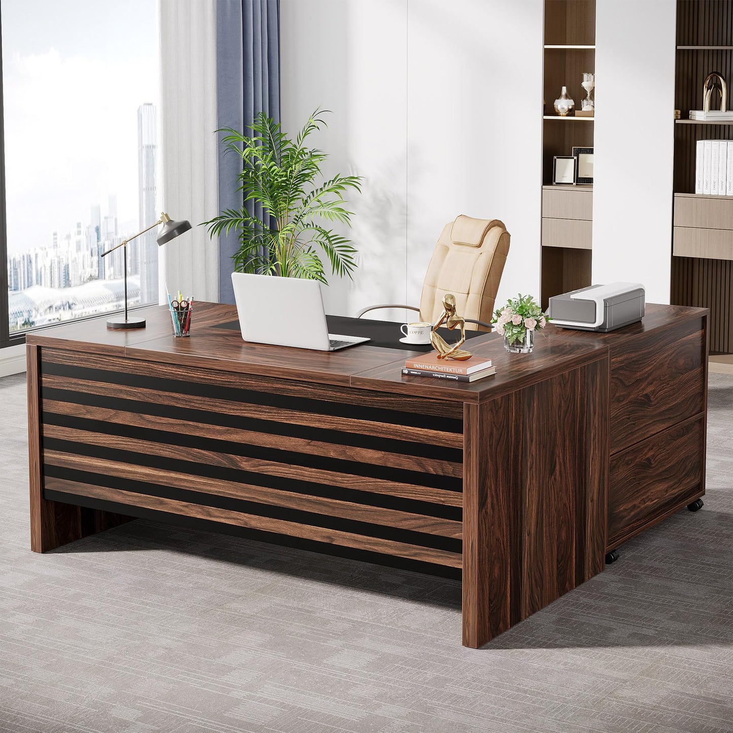 Tribesigns 62.2" Executive Desk with Mobile File Cabinet, L-Shaped Office Desk with Storage Shelves, Large Computer Table Business Workstation Set for Home Office, Dark Brown