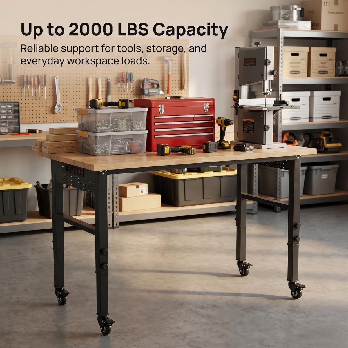 VUWIF 48" Workbench with Wheels, Adjustable Height Work Bench with Rubberwood Top, Built-in Power Outlet with 4 AC Outlets and 2 USB Ports, 2000 LBS Capacity for Garage, Workshop and Home