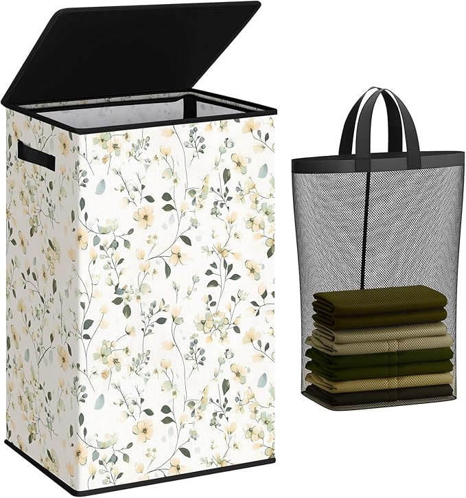 SOLEDI Laundry Hamper with Lid, 90L Tall & Large Floral Laundry Basket