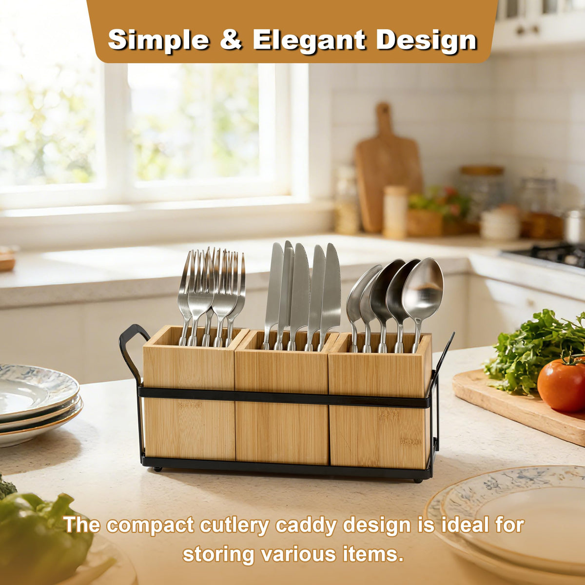 Utensil Holder for Kitchen Countertop, 3 Compartments Detachable Utensils Caddy, Wooden Utensils Organizer for Silverware, Spatula, Fork, Knife, Cutlery Storage, Counter Cooking Utensil Crock