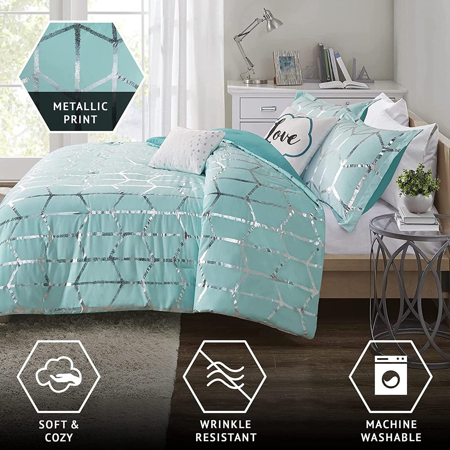 Intelligent Design Raina Full/Queen Comforter Set, Soft Microfiber, Modern Geometric Metallic Bed Set, 5 Pieces College Bedding with 2 Shams, 2 Toss Pillows Aqua/Silver