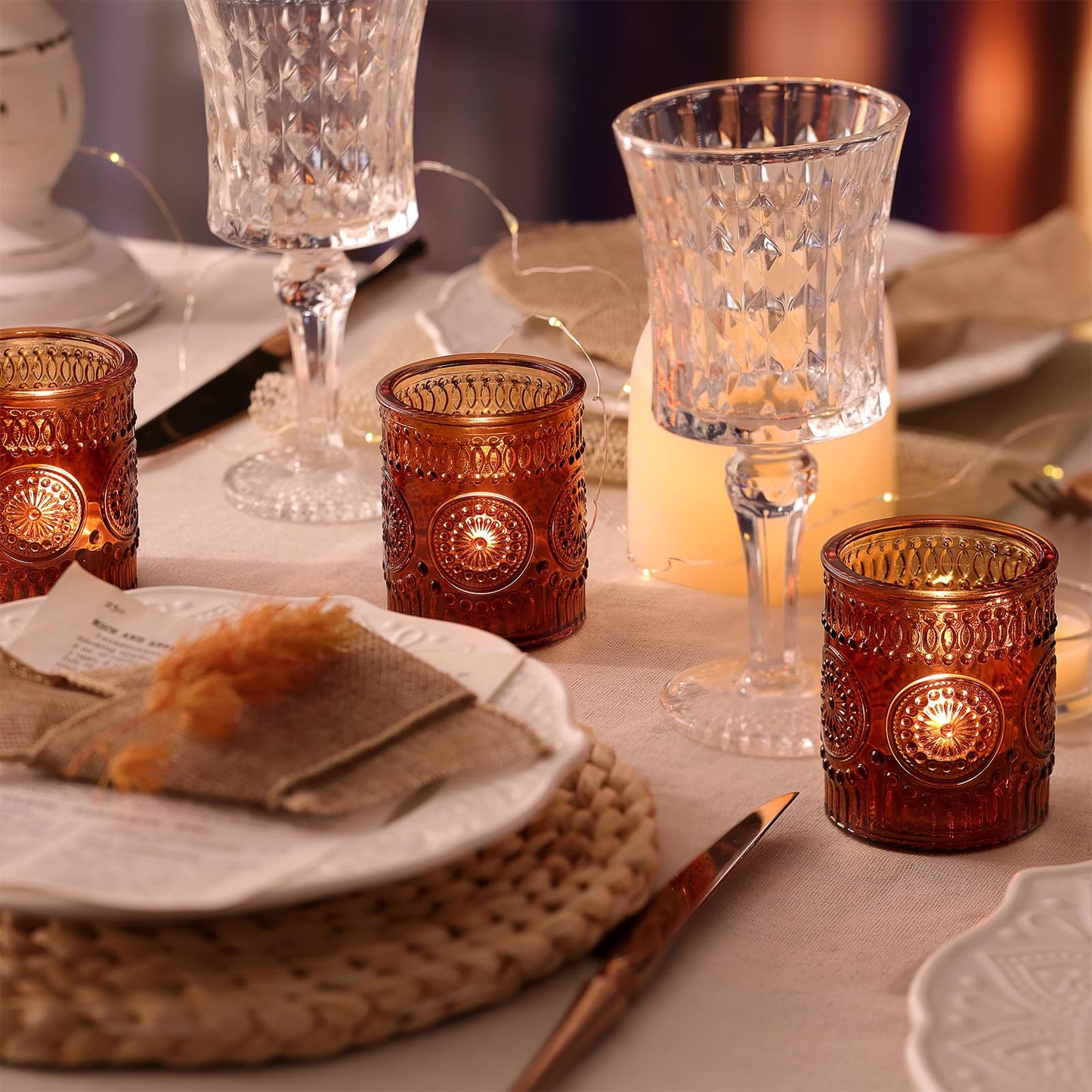Lanttu Amber Votive Candle Holder Set of 12, Glass Tea Light Candle Holders for Home Table Centerpiece, Dinner Parties, Weddings Decor