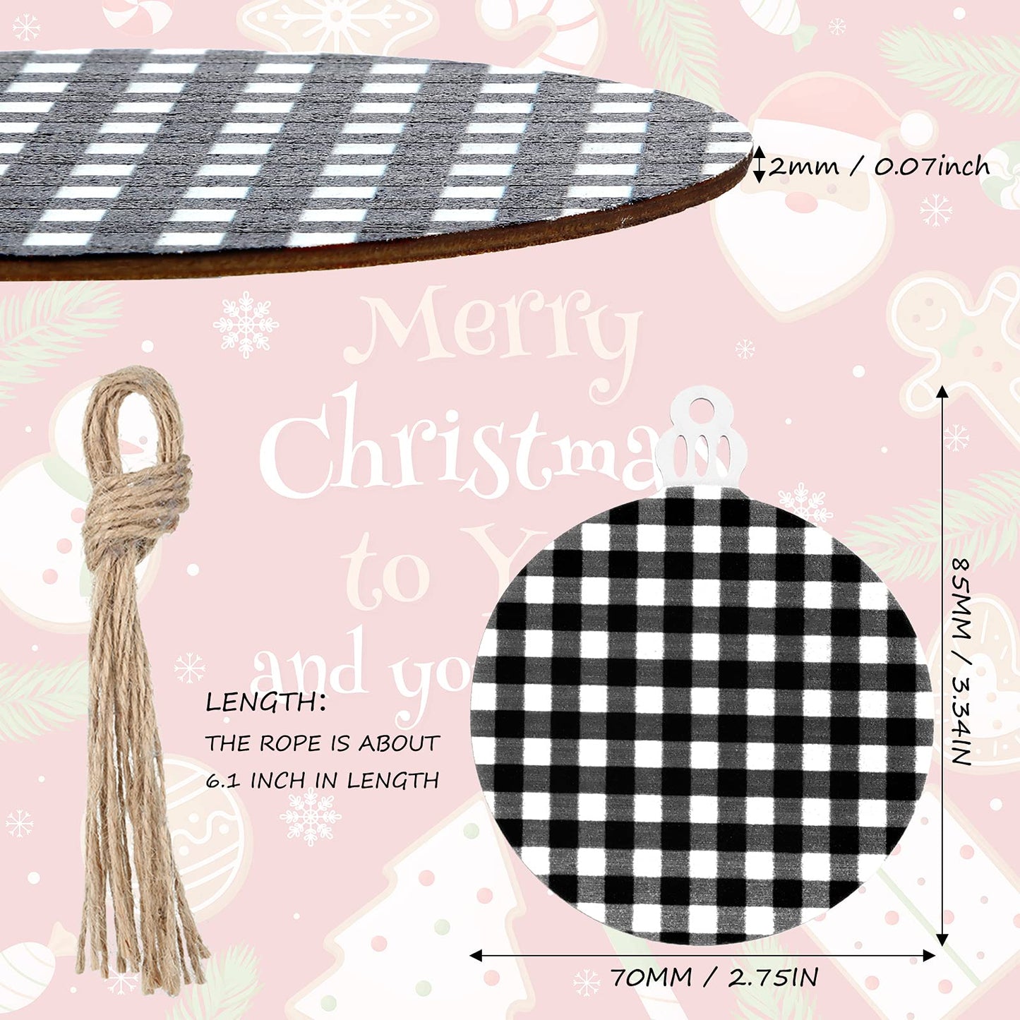 Jetec 96 Pieces Wooden Christmas Ornament 48 Pieces Predrilled Wood Slices 48 Pieces Twine Round Wooden Discs with Holes Unfinished Buffalo Plaid Blank for DIY Tree Decoration