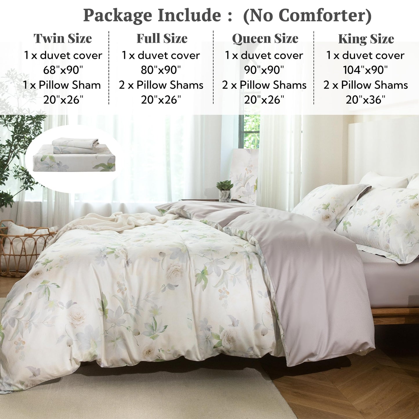 MILDLY Queen Duvet Cover Set - 100% Long-Staple Cotton Beige Floral Patten Reversible Comforter Cover - 3Pcs Soft Breathable Luxury Bedding for All Season