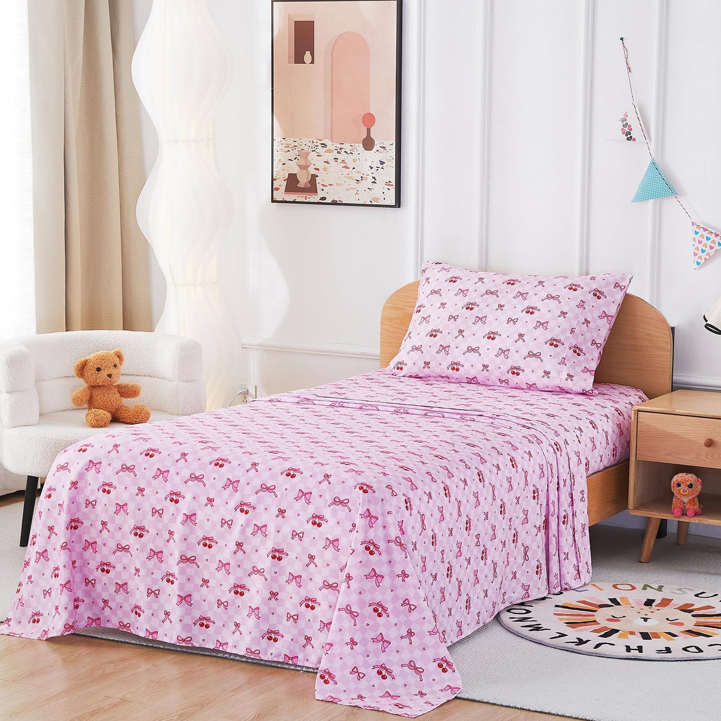 lasoftan Kids Sheet Set Twin Size, Twin Sheet Set with Pink Cherry Pattern，Breathable Silky Soft Microfiber Kids Fitted Sheet