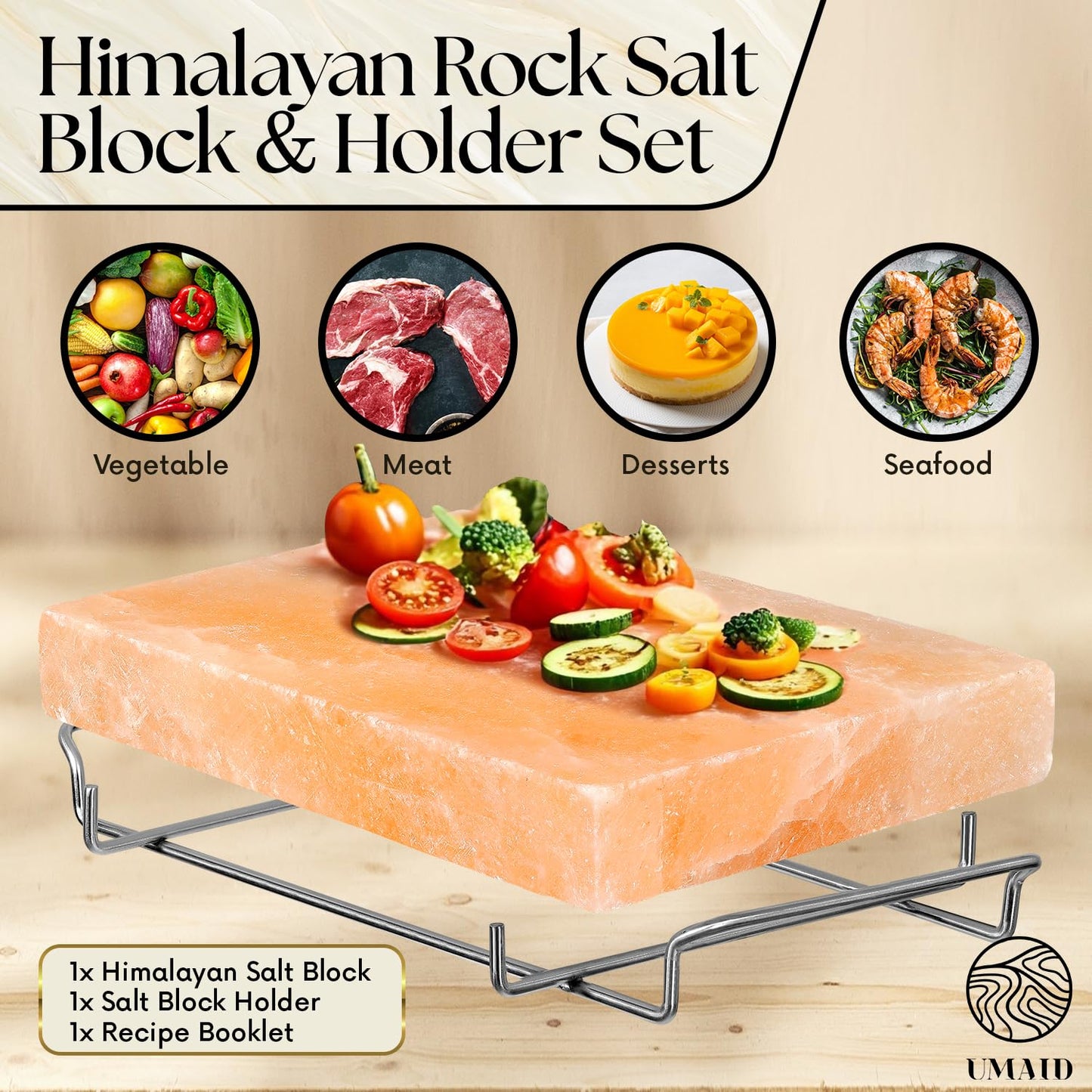 UMAID Himalayan Salt Block Cooking Plate 12x8x1.5 – Food Grade Pink Himalayan Salt Stone for Cooking, Grilling, Serving & Food Presentation – Includes Stainless Steel Tray & Recipe Booklet – Unique Gifts for Men & Dad Gifts for Fathers Day