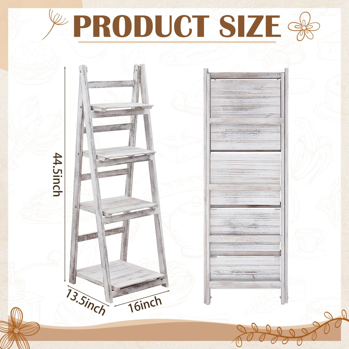 Sintuff White Wooden 4-tier Foldable Ladder Shelf, Sturdy Dessert & Snack Display Stand for Birthday Party & Wedding, Indoor Stand Corner Storage Bookshelf, Rustic Storage Rack, No Tool Assembly