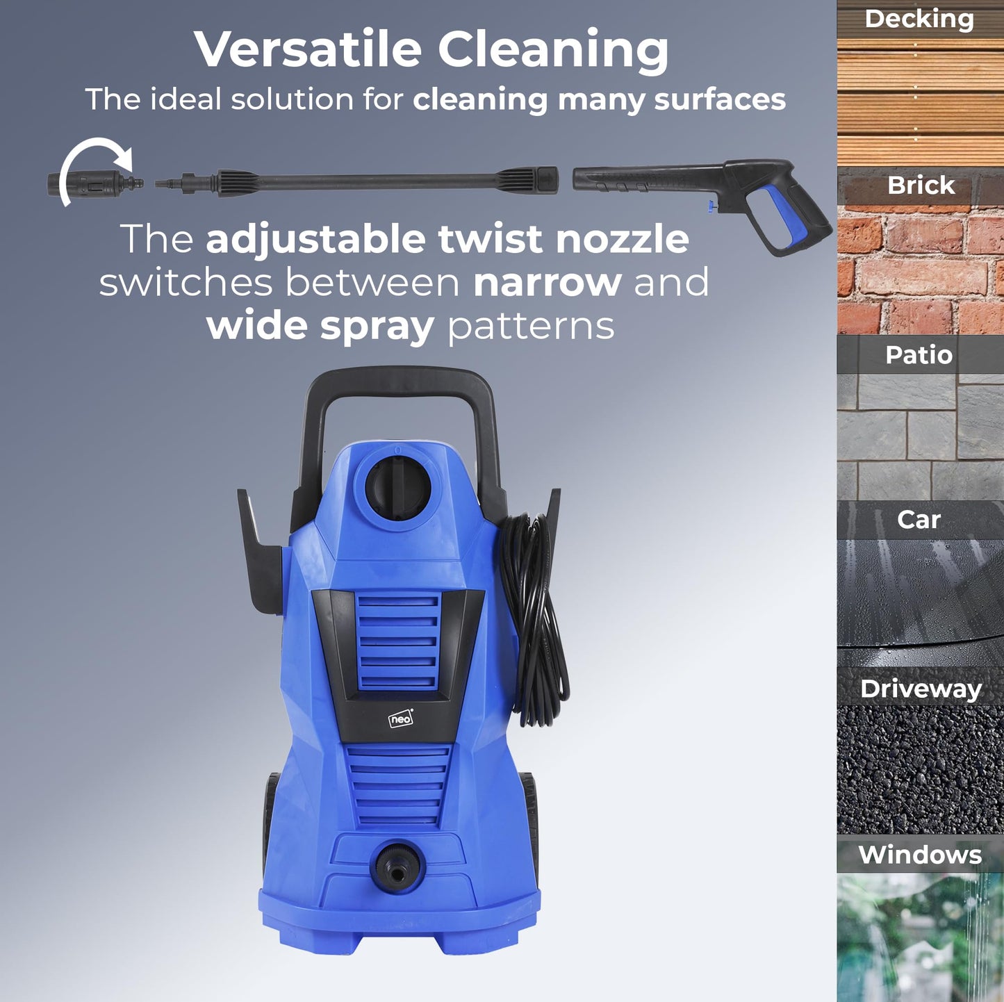 Neo® Electric High Pressure Washer 110 Bar High Power Jet Water Patio Car Cleaner with Foam Tank and Brush Included
