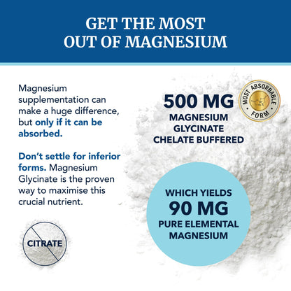Magnesium Glycinate 500mg | Chelated for High Absorption | Muscle Relaxation, Bones, Heart, Nerve, Rest & Calm Support for Women & Men | Magnesium Chelate Supplement & Bisglycinate Complex | 120ct