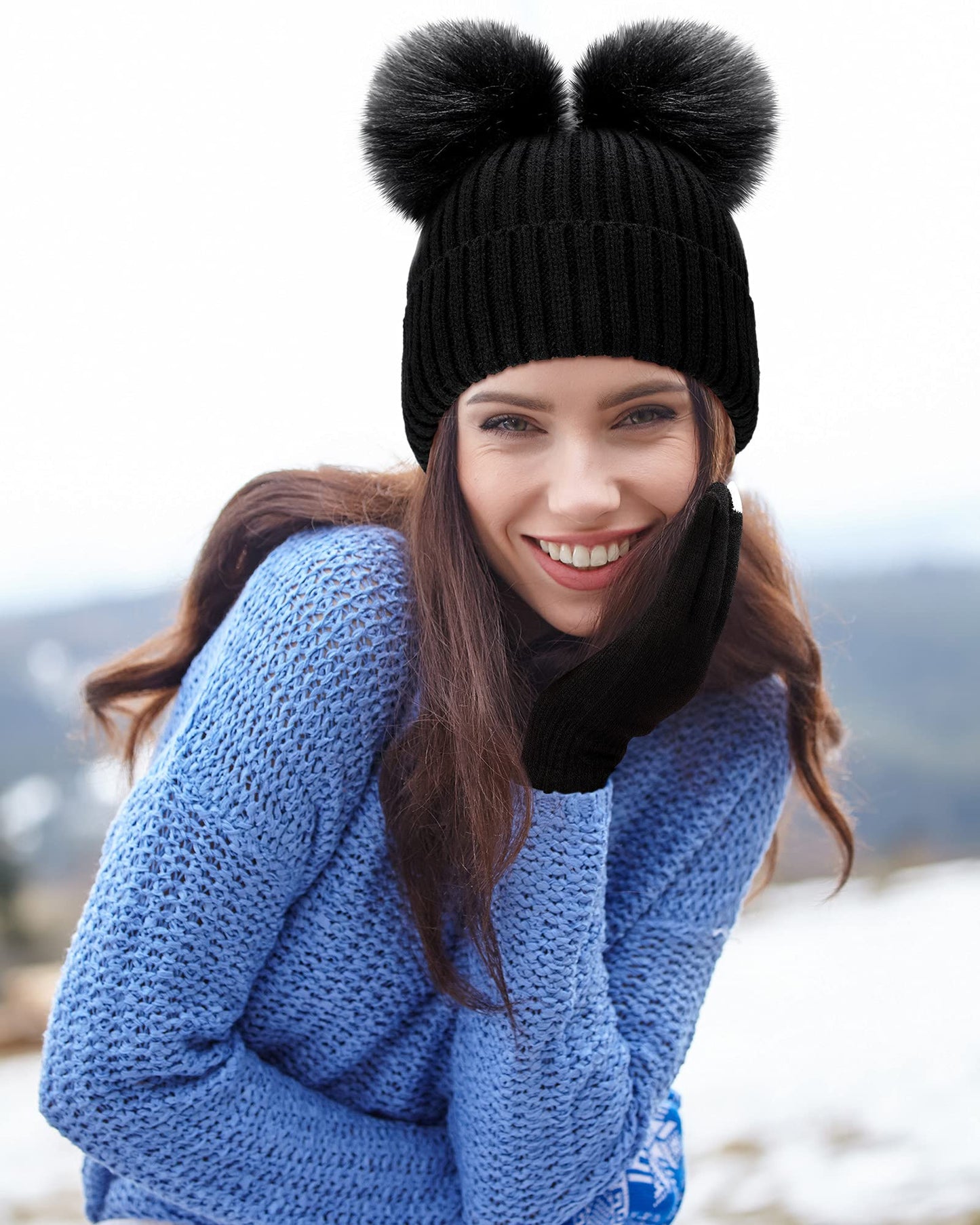 SATINIOR 2 Pieces Satin Lined Winter Hats Women Knitted Pompom Beanies Hat Touchscreen Gloves Set for Women(Black)