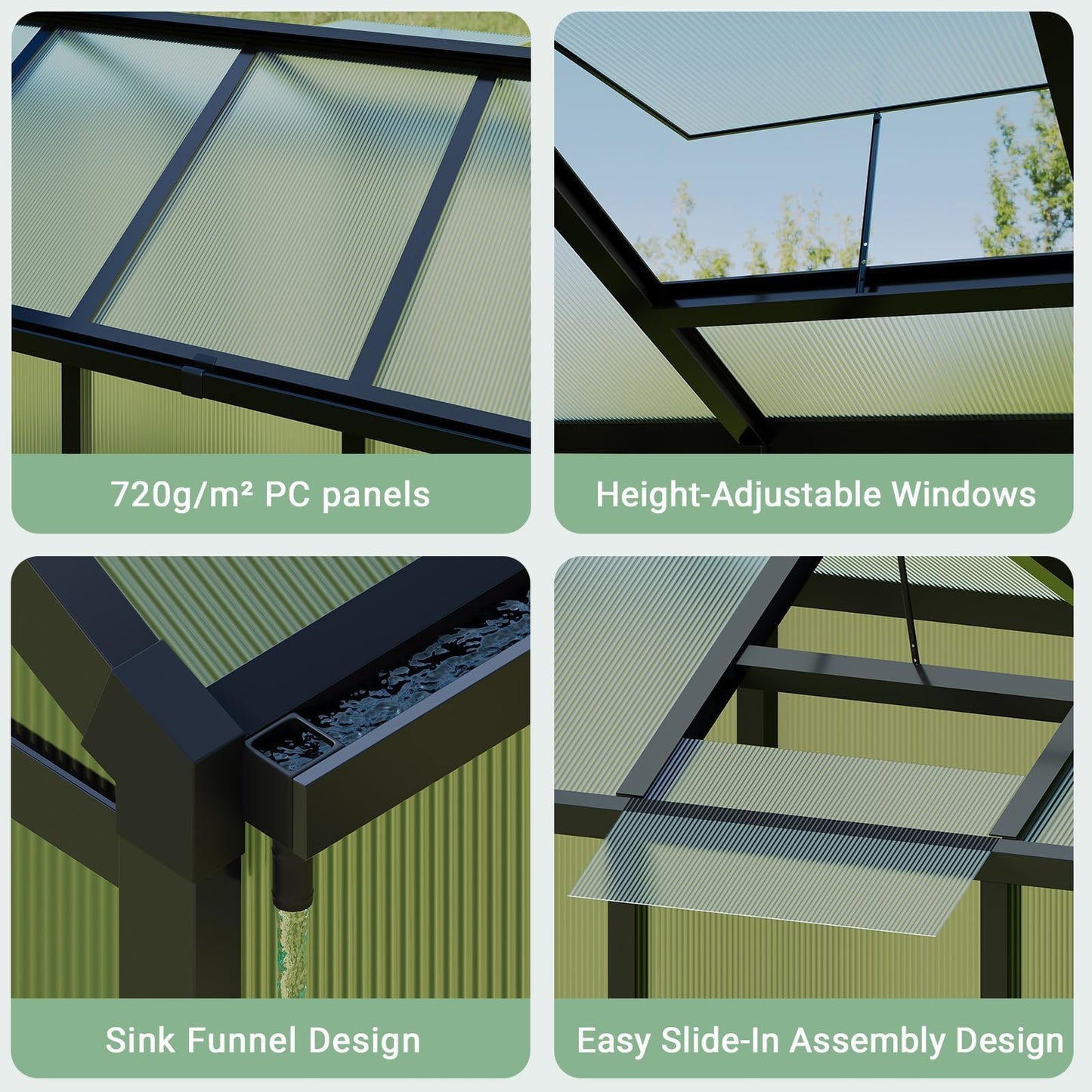 6X8 ft Greenhouse, Greenhouses for Outside, Aluminum Frame Polycarbonate Panels with Sliding Lockable Door and Ajustable Roof Vent, Spacious Walk-in Design for Backyard, Garden, Patio, Black