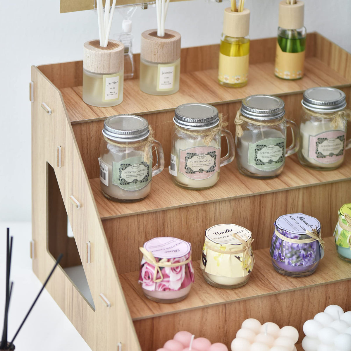 Tapeera 4-Tier Retail Wooden Display Riser - Farmers Market Craft Fair Display Rack - Candle Soap Display Stand for Craft Shows - Wood Countertop Pop Up Shop Display Rack for Tumblers Cupcakes Candy