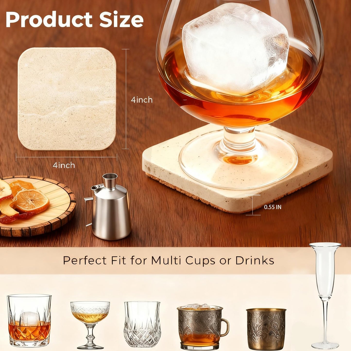 2PACK Travertine Marble Coasters Natural Coaster Set of 2, 4" Square Stone Drink Coasters with Thick Cork Backing, Durable Non-Slip Cup Mats, Table Protection for Coffee, Kitchen, Bar, Wedding