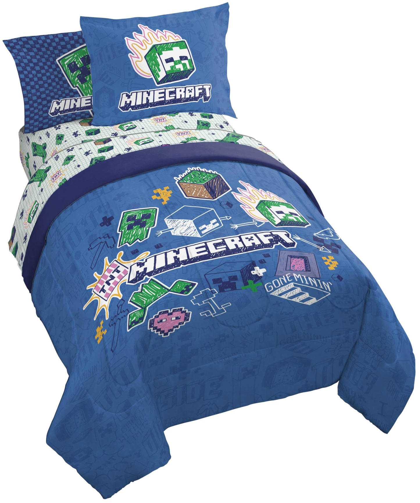 Jay Franco Kids Comforter Set Includes Sheets and Pillow Covers - Soft and Cozy Bed Set for Stylish Room Decor, Blue - Minecraft 02, 7 Piece Full Bedding