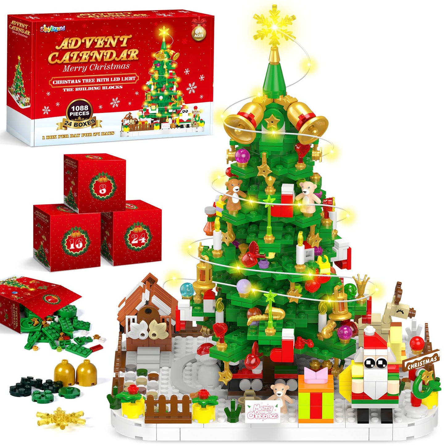 Advent Calendar 2025 Adult, 1088 Pieces Christmas Tree Building Kit with Led Light, 24 Days Christmas Countdown Christmas Tree Building Toy Set, Ideal Xmas Gift Toy for Teen Boy