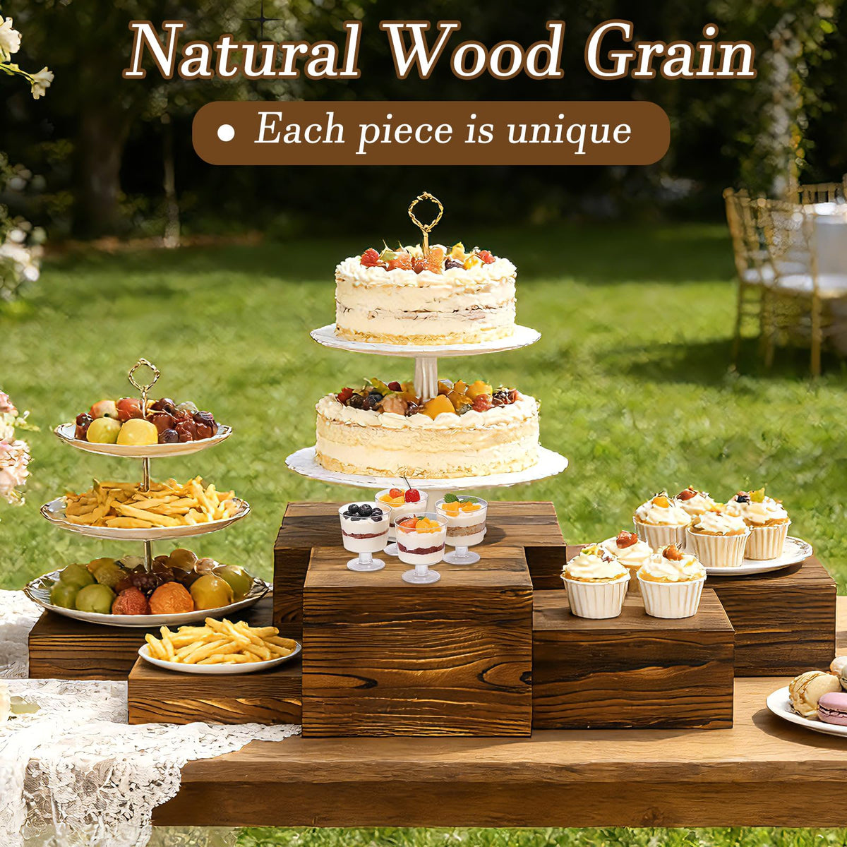 nplehome 8 Pack Buffet Risers Wood Display Stands Cupcake Stand Catering Supplies Buffet Display with Mini Signs Food Risers for Buffet Table Display Stand for Party, Wedding, Birthday