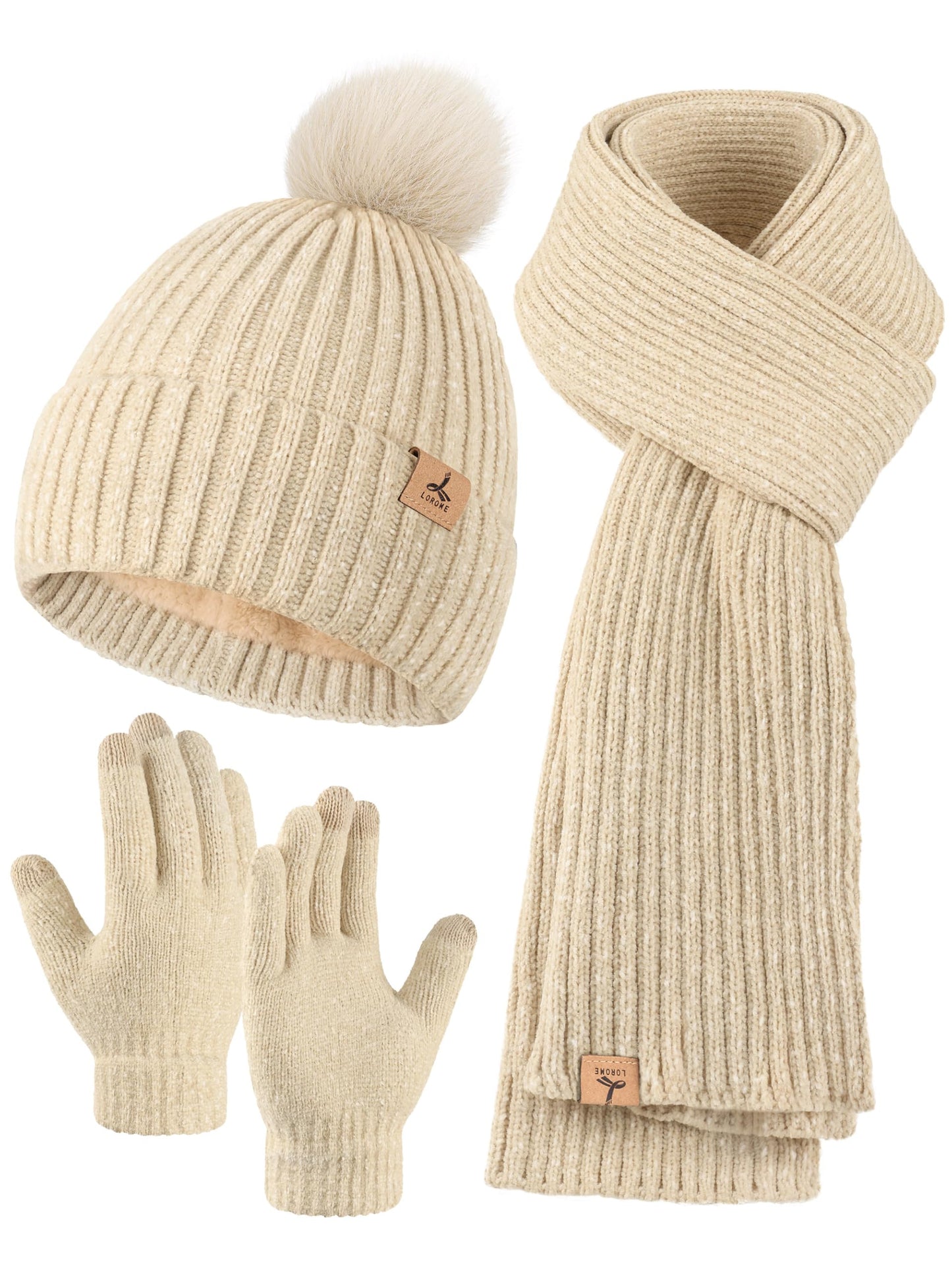 Winter Warm Hat Scarf and Touch Screen Gloves Set, Knitted Pom Beanie Hat Neck Warmer Long Scarf Winter Gloves for Women Men