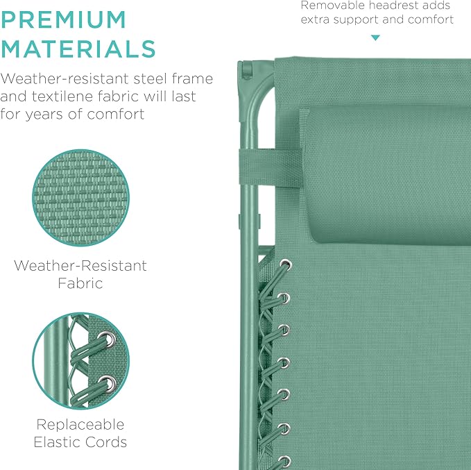 Best Choice Products Folding Zero Gravity Outdoor Recliner Patio Lounge Chair w/Adjustable Canopy Shade, Headrest, Side Accessory Tray, Textilene Mesh - Seafoam