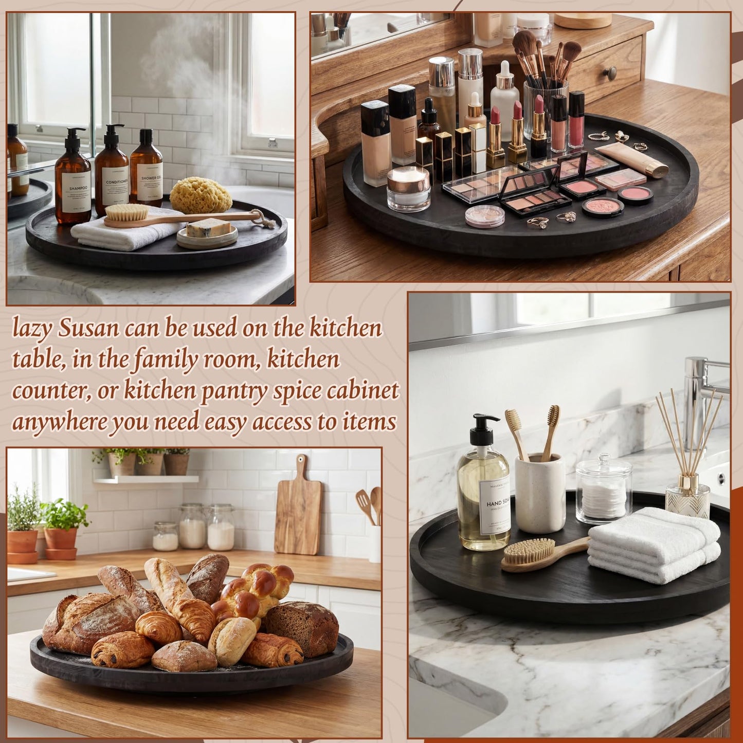 Yiyiring 20'' Wood Lazy Susan for Countertop Acacia Large Turntable Rotating Serving Tray for Table Top Non Skid Kitchen Tray Revolving Condiment Spice Rack Table Organization Storage, Black