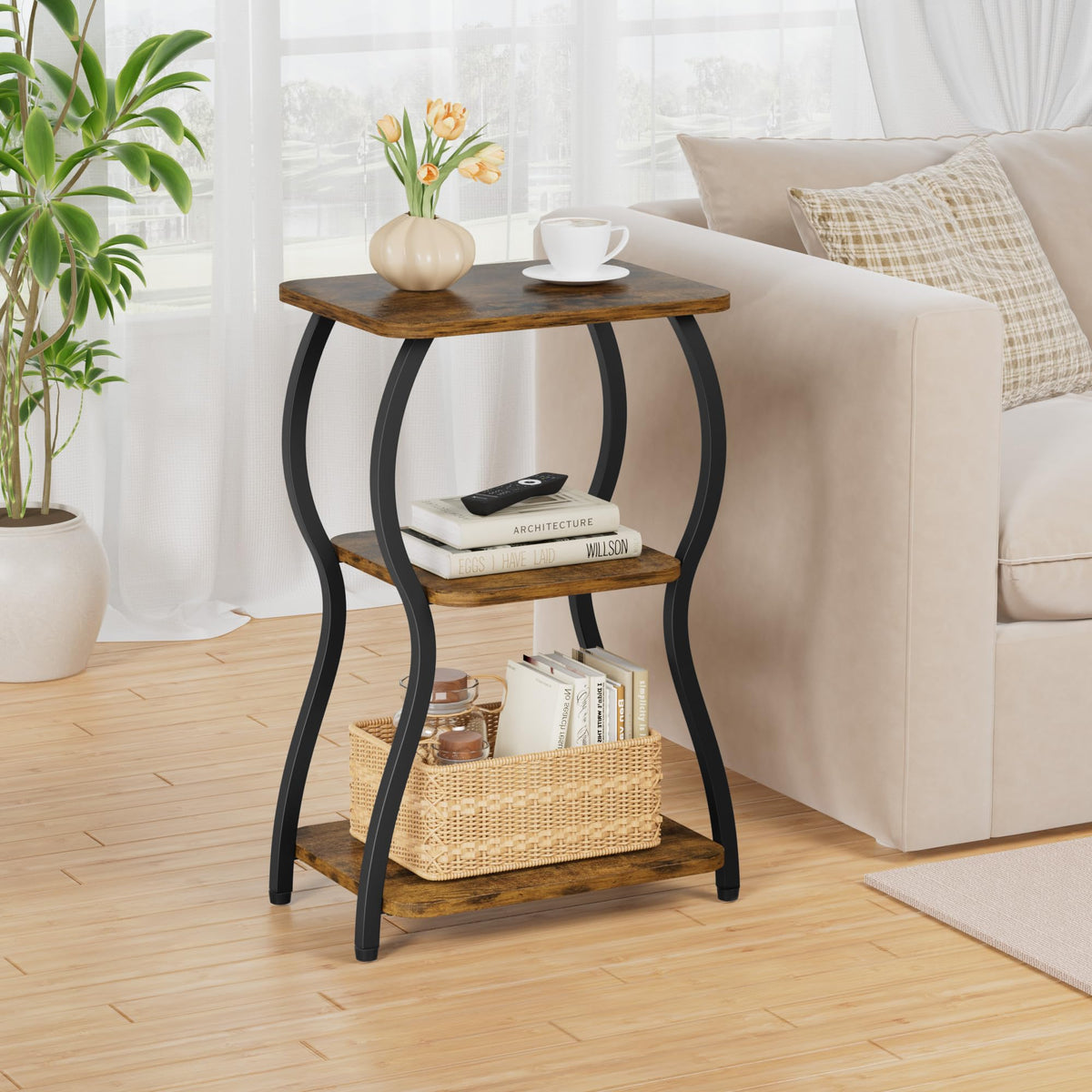 JUSTOGO Side Table, Small End Table for Small Spaces, 3-Tier Tall Nightstand Sofa Corner Accent Table Coffee Table with Storage Shelf for Living Room, Bedroom, Patio, Home Decor, Rustic Brown