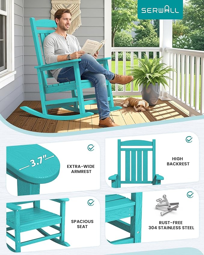 SERWALL HDPE Outdoor Rocking Chair Set of 2, Patio Rocking Chairs, All-Weather Porch Rockers for Adults, Aruba Blue