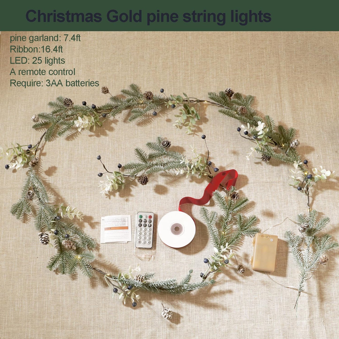 MIYA LIFE Mixed Berry Christmas Garland with Lights - 6.5FT Norfolk Pine Branch with Blueberry, White Flowers & Warm White LED Lights Battery Powered with Remote Ideal Christmas Garland for Mantle