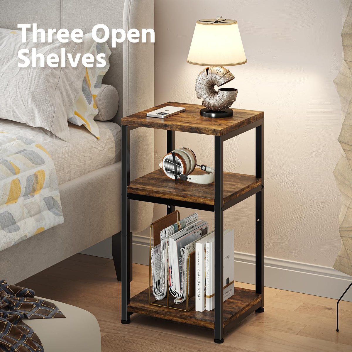 Simple Trending Side Table, End Table Night Stand, 3 Tiers Shelf for Living Room, Rustic Brown