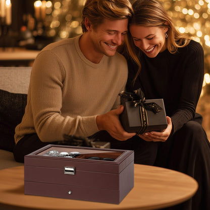 GLJ Jewelry Box for Men, 6 Slot Watch Box Jewelry Organizer With Drawer, Watch Case for Men with Large Window, 2-Layer Watch Holder, Sunglasses Storage Organizer, Velvet Lining, PU Leather, Gift Idea